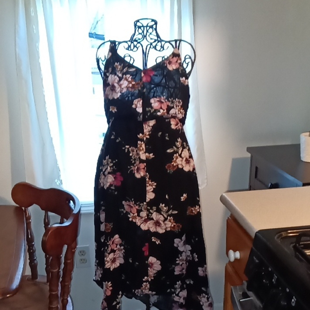 Xhilaration Black Floral High-Low Sundress with Pink and Cream Blooms